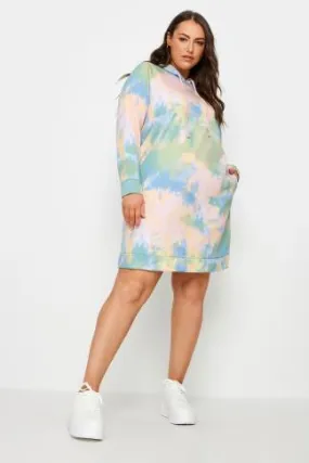 YOURS Curve Pink Green Tie Dye Hoodie Dress