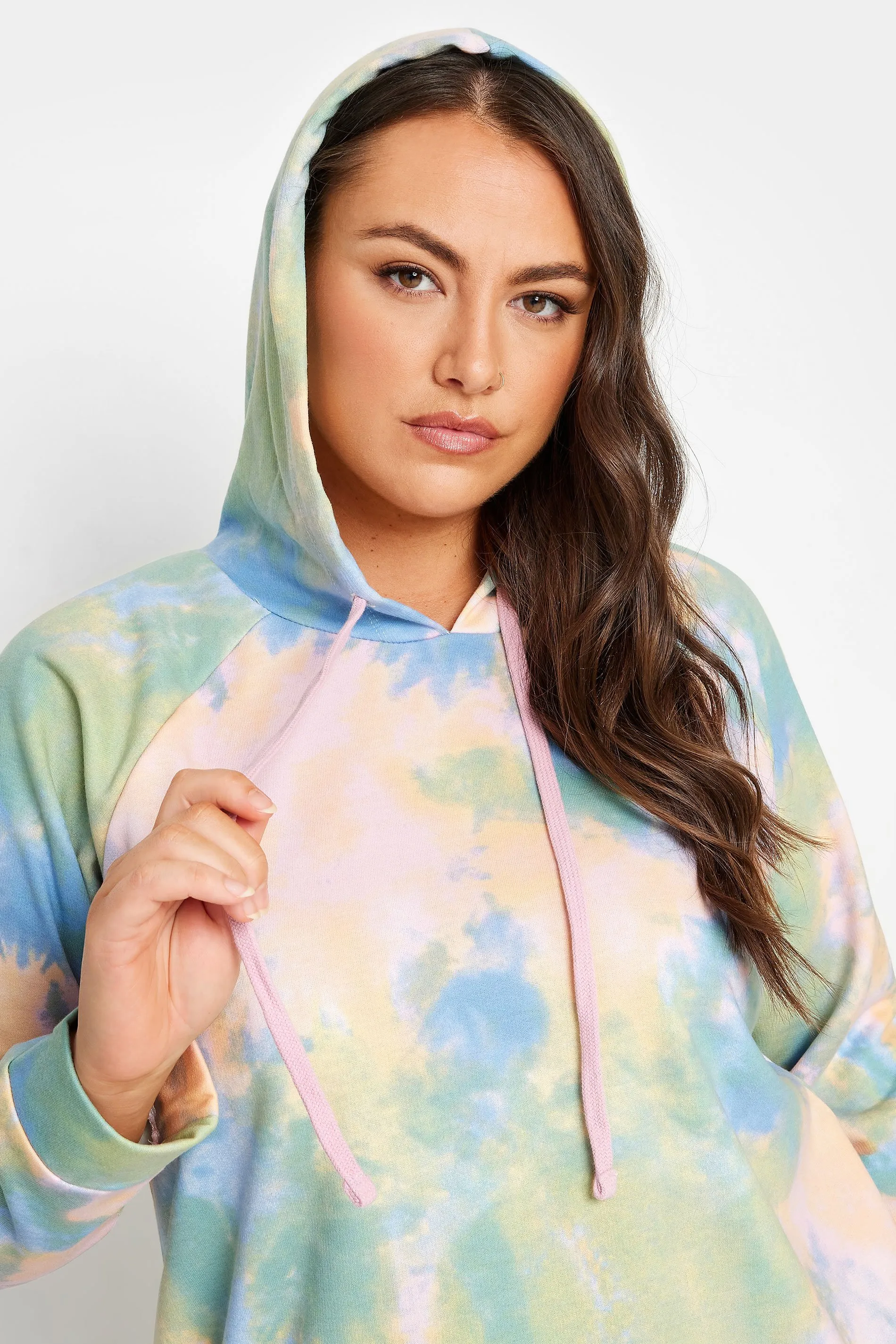 YOURS Curve Pink Green Tie Dye Hoodie Dress