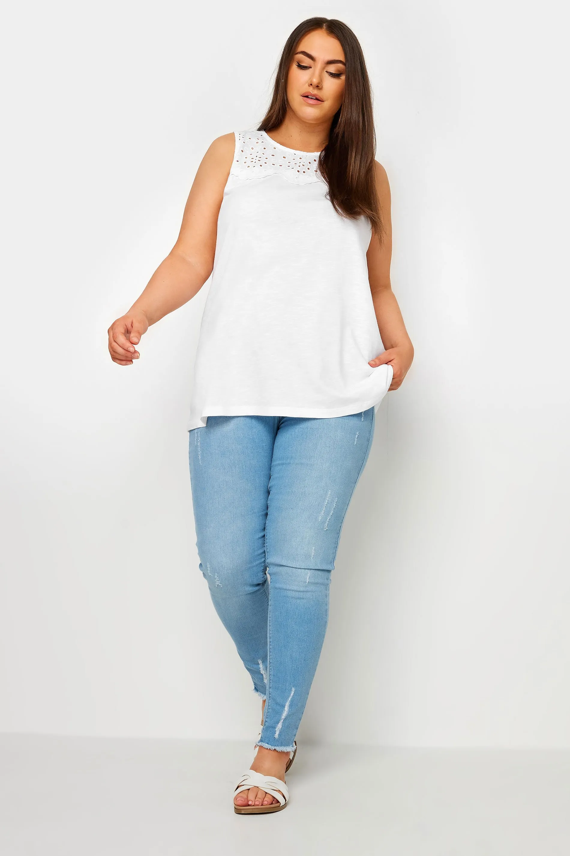 YOURS Curve White Broderie Anglaise Detail Vest Top