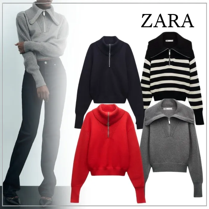 ZARA | Nylon Rib Long Sleeves - Plain V-neck & Crew neck