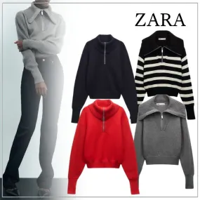 ZARA | Nylon Rib Long Sleeves - Plain V-neck & Crew neck